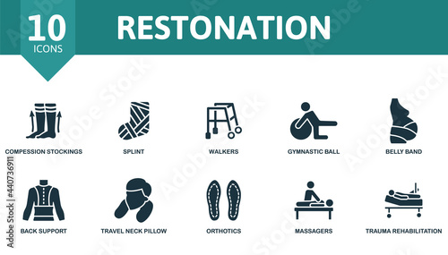 Restonation icon set. Contains editable icons trauma rehabilitation theme such as compression stockings, walkers, belly band and more.