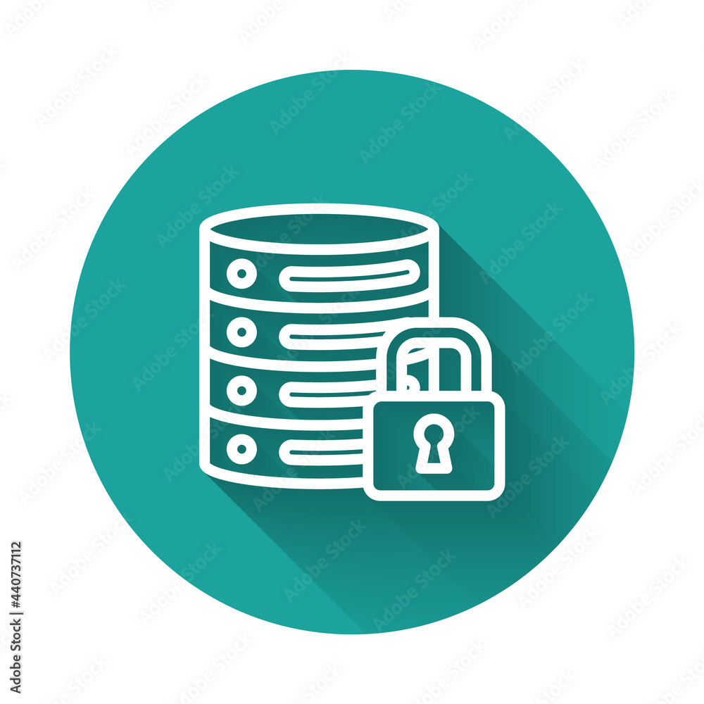 White line Server security with closed padlock icon isolated with long shadow. Security, safety, protection concept. Green circle button. Vector White line Server security with closed padlock icon isolated with long shadow. Security, safety, protection concept. Green circle button. Vector
