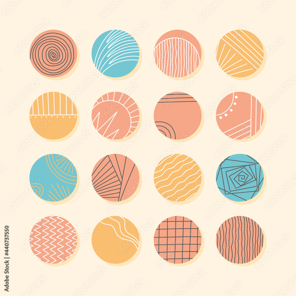 Collection of creative abstract geometric social media highlight covers.Design stories round icon collection.Spots, waves, stripes, spirals, dots, lines, checks and other patterns.Vector illustration Collection of creative abstract geometric social media highlight covers.Design stories round icon collection.Spots, waves, stripes, spirals, dots, lines, checks and other patterns.Vector illustration