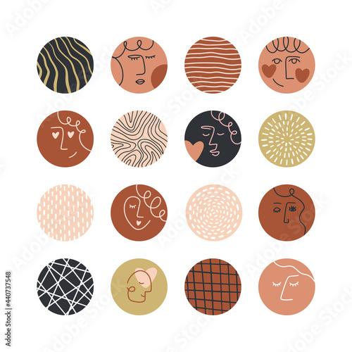 Collection of creative social media highlight covers, beauty, love, psychology theme. Design stories round icon collection. Abstract female and male faces, heads, hair, hearts. Vector illustration
