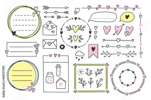 Cute bullet journal element doodles with hearts, love theme.Hand drawn banners and marks for notebook, planner or diary.Frames, borders, vignettes, dividers,notes,lists collection.Vector illustration