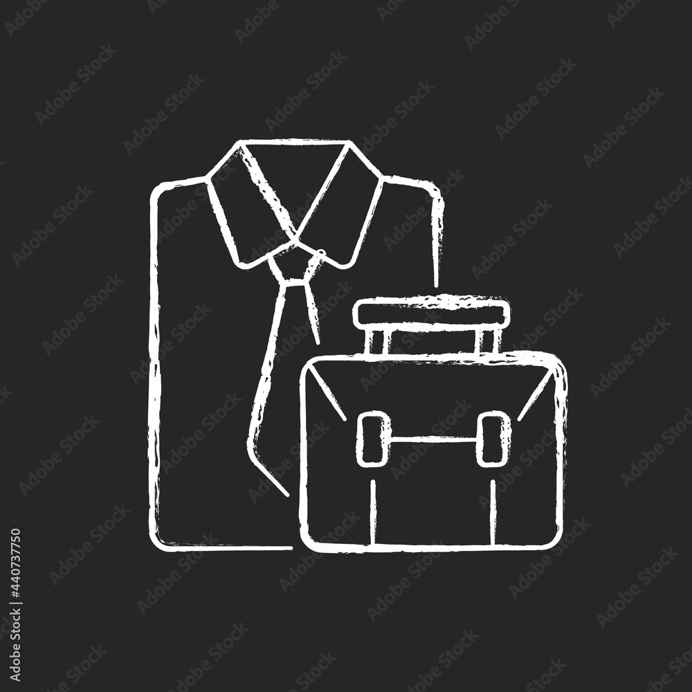 Formal clothing and briefcase chalk white icon on dark background. Professional worker outfit and bag. White collar employee clothes. Work routine. Isolated vector chalkboard illustration on black