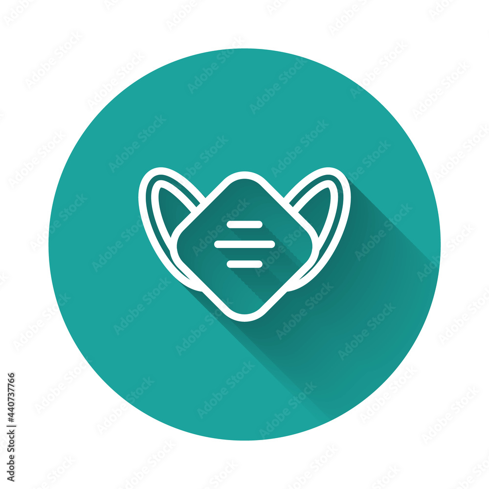 White line Medical protective mask icon isolated with long shadow. Green circle button. Vector. White line Medical protective mask icon isolated with long shadow. Green circle button. Vector.