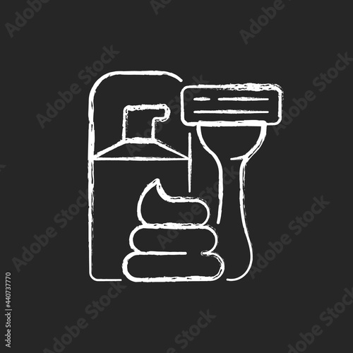 Razor and shaving cream chalk white icon on dark background. Facial skin care, hair removal for man. Lotion for aftershave. Everyday routine. Isolated vector chalkboard illustration on black