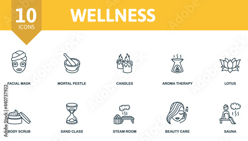 Wellness icon set. Contains editable icons spa therapy theme such as facial mask, candles, lotus and more.