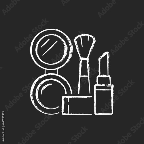 Makeup chalk white icon on dark background. Cosmetic products. Female skincare. Lipstick and powder set. Brush for women. Everyday routine  lifestyle. Isolated vector chalkboard illustration on black