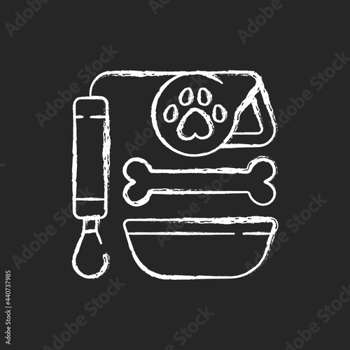 Pet lead and food chalk white icon on dark background. Shop with animal products. Supplies for cats and dogs. Everyday routine shopping and lifestyle. Isolated vector chalkboard illustration on black