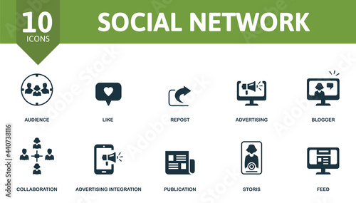 Social Network icon set. Contains editable icons social media theme such as audience, repost, blogger and more.