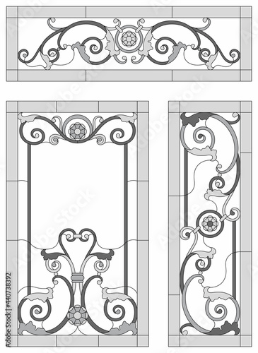 Stained glass set. Abstract geometric floral pattern in a rectangular and square frame. Monochrome stained glass window in classic style for ceiling or door panels, Tiffany technique. Vector set