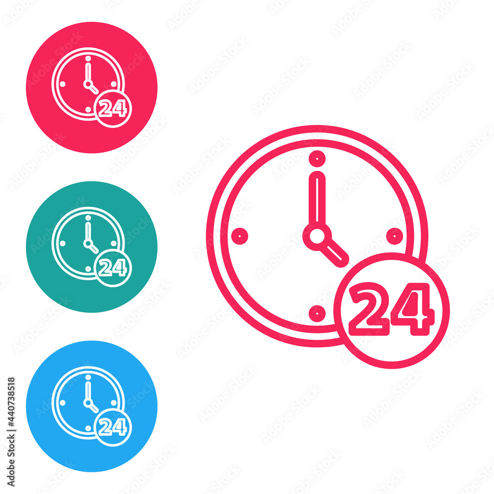 Red line Clock 24 hours icon isolated on white background. All day cyclic icon. 24 hours service symbol. Set icons in circle buttons. Vector Red line Clock 24 hours icon isolated on white background. All day cyclic icon. 24 hours service symbol. Set icons in circle buttons. Vector