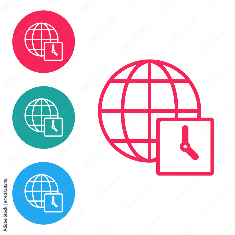 Red line World time icon isolated on white background. Clock and globe. Set icons in circle buttons. Vector Red line World time icon isolated on white background. Clock and globe. Set icons in circle buttons. Vector