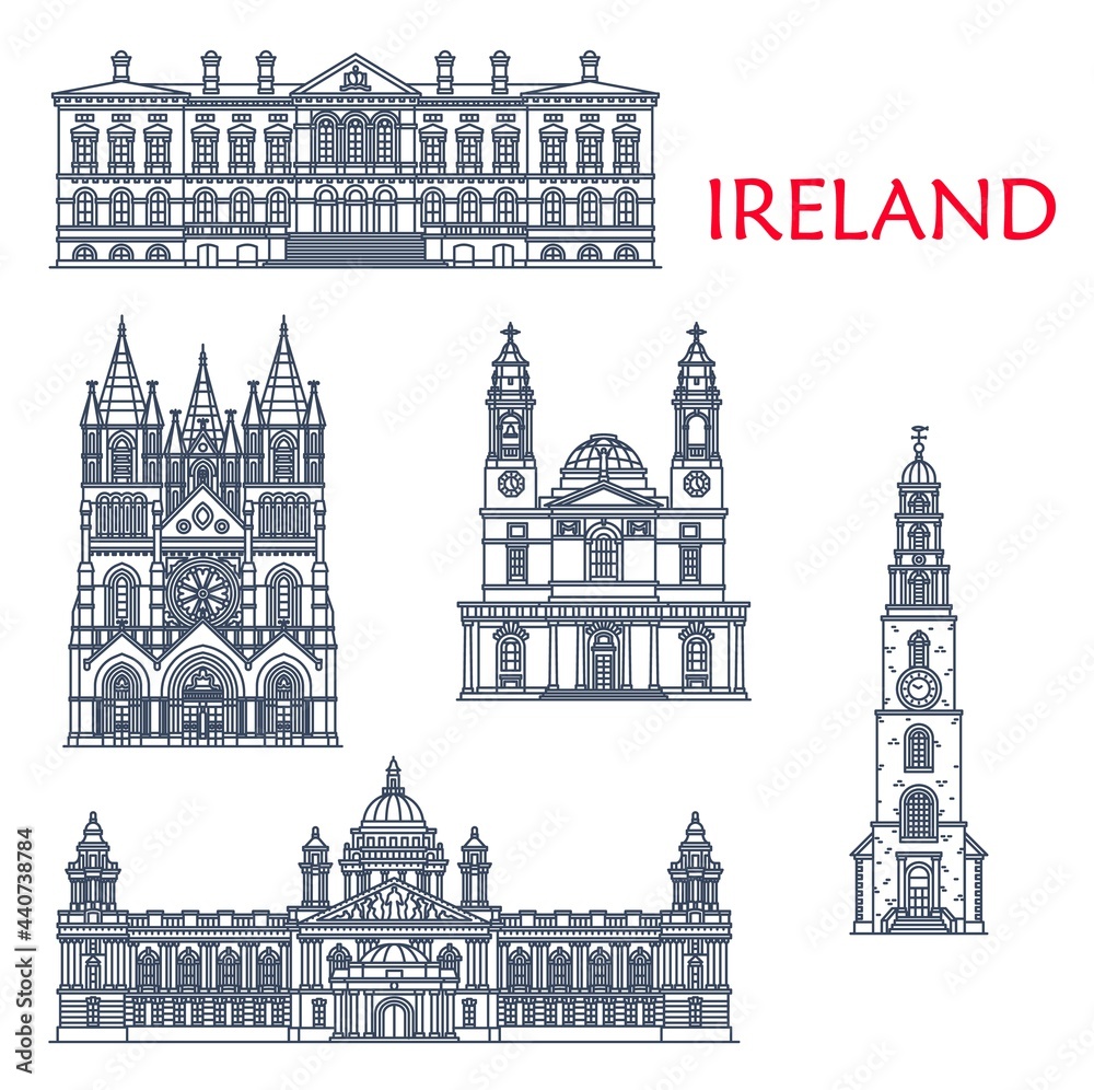 Ireland landmarks, architecture buildings of Belfast and cork city, vector icons. Irish historic and ancient sightseeing landmarks St Anne Church, City Hall, Custom House and Saint Fin Barre Cathedral