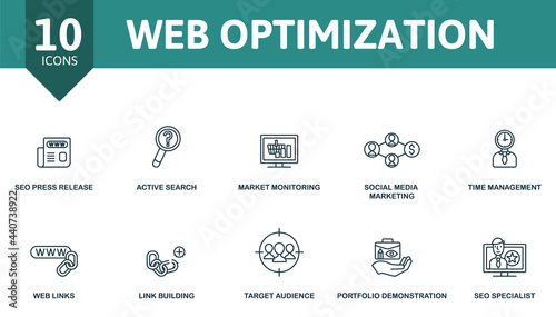 Web Optimization icon set. Contains editable icons seo theme such as seo press release, market monitoring, time management and more.