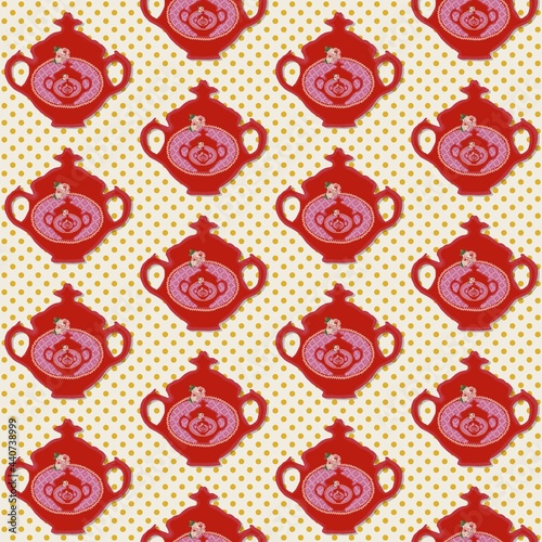 Sucer pots on dots background seamless repeat pattern print