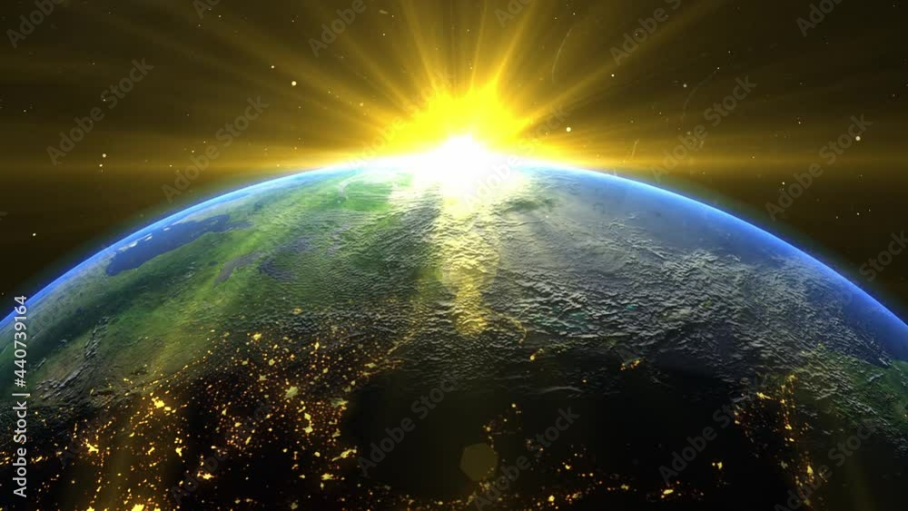 Sunrise and shadow on the earth rotate in space with star in universe. World realistic atmosphere 3D volumetric clouds texture surface.  Elements of this image are furnished by NASA