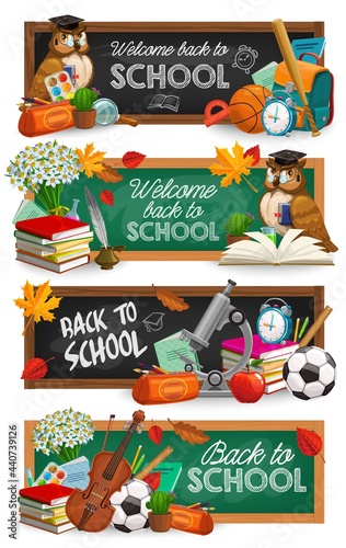 Back to school education chalkboard banners. Cartoon vector owl bird in cap, book and schoolbag, alarm clock, flowers bouquet and watercolor paints, sport balls, baseball bat and violin, pencil case photo