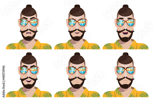 The stylish man in sunglasses. A set of emotions. Reflection of the beach in glasses. Vector illustration in cartoon style.