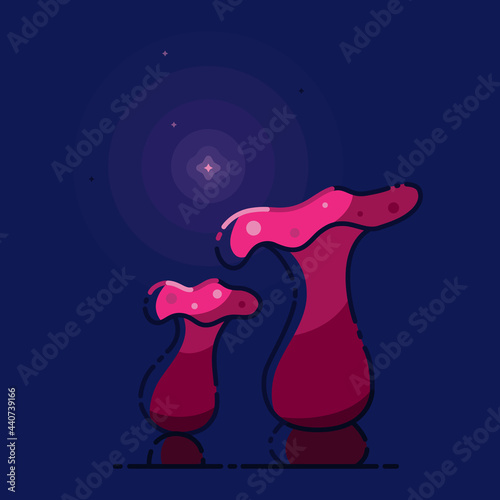 Night fairy-tale with magic purple mushrooms on blue background. Mysterious light and fireflies.