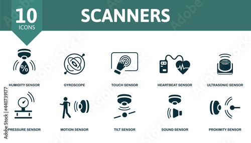Scanners icon set. Contains editable icons sensor theme such as humidity sensor, touch sensor, ultrasonic sensor and more.