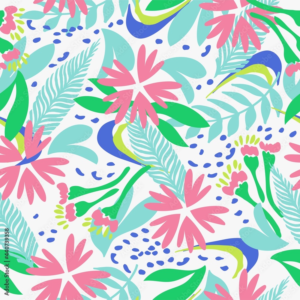 Seamless natural floral pattern, abstract pink flowers and  green leaves on a white background. Hand drawing. Design for textiles, wallpapers, printed products. Vector illustration