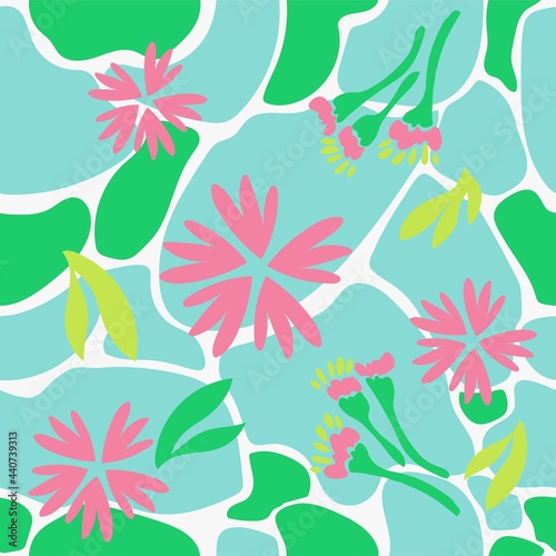 Seamless natural floral pattern, abstract pink flowers and green leaves on a white background. Hand drawing. Design for textiles, wallpapers, printed products. Vector illustration