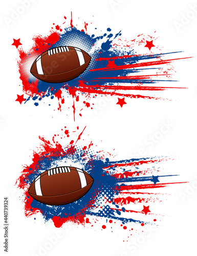 American football balls grunge sport design. Brown leather balls with white lace, american football game quarterback player equipment on blue red background with halftone pattern and paint splashes