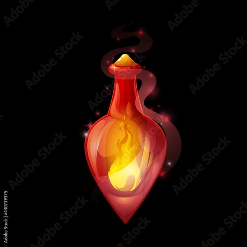 Crystal potion bottle with fire, vector glass flask with orange flames and sparkles. Magic elixir with blaze and bung. Cartoon ui design element for magic game, witch poison, isolated alchemy object