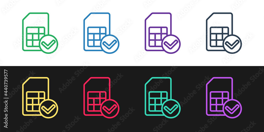 Set line Sim card icon isolated on black and white background. Mobile cellular phone sim card chip. Mobile telecommunications technology symbol. Vector Set line Sim card icon isolated on black and white background. Mobile cellular phone sim card chip. Mobile telecommunications technology symbol. Vector