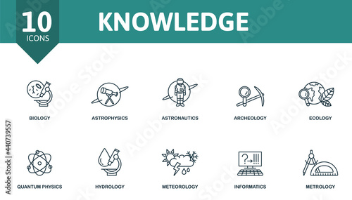 Knowledge icon set. Contains editable icons science theme such as biology, astronautics, ecology and more.