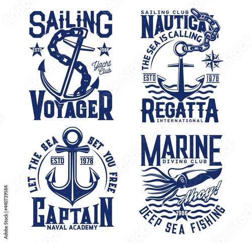 Fototapeta Anchor, nautical sailing t shirt prints with sea waves, yacht club and ocean fishing vector icons