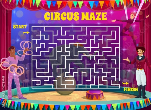 Labyrinth maze game on shapito circus vector background. Kids education square maze puzzle, logic riddle or test with find right way from start to finish task, circus acrobats and elephant on stage