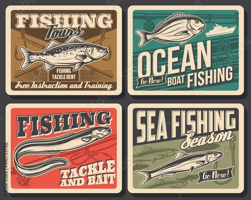 Sea fishing boat, fish and fisherman tackle vector design. Bass, anchovy, eel and dorado fish, fishing rod, hook, lure and bait, spinning reel and float retro posters, outdoor hobby and fishery themes