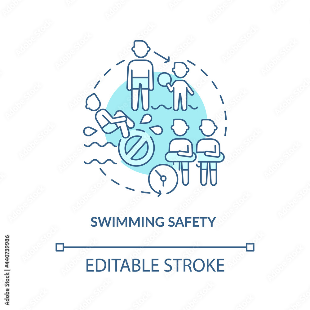 Swimming safety concept icon. Summer beach dangers abstract idea thin line illustration. Swimming with buddy. Learning water survival skills. Vector isolated outline color drawing. Editable stroke Swimming safety concept icon. Summer beach dangers abstract idea thin line illustration. Swimming with buddy. Learning water survival skills. Vector isolated outline color drawing. Editable stroke