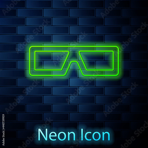 Glowing neon line 3D cinema glasses icon isolated on brick wall background. Vector