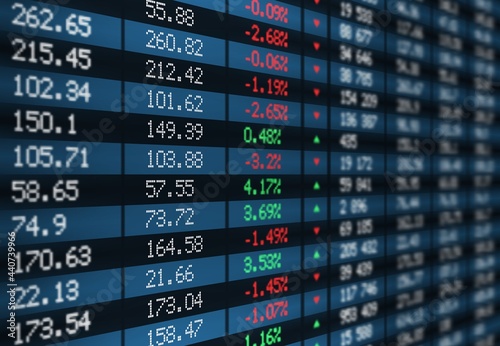 Stock exchange board vector display with financial market index charts and graphs. Stock market ticker screen with green and red numbers of share volume, price traded, change direction, economy themes photo
