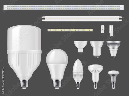 LED lamps and light strips mockup. Modern illumination high efficient bulbs and tubes, various shape and sizes, bases types lighbulbs with SMD diodes, matted glass and heat sinks