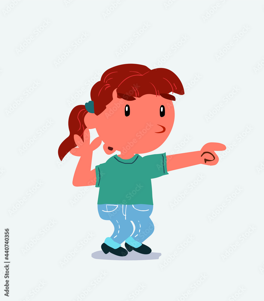Surprised cartoon character of little girl on jeans points to something Surprised cartoon character of little girl on jeans points to something