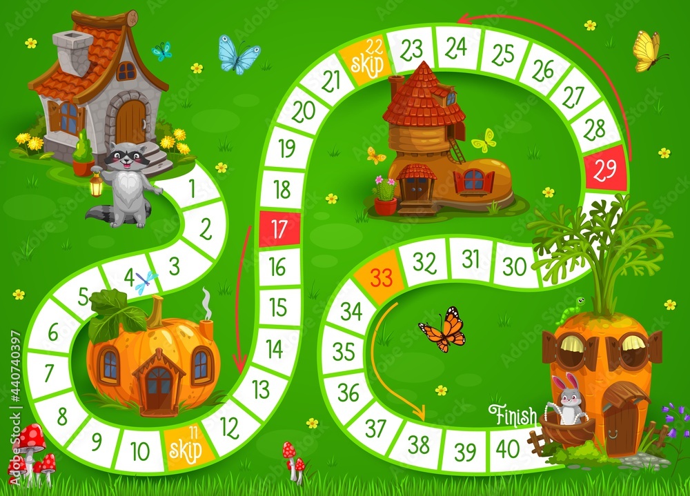 Naklejka premium Cartoon animals and fairy houses vector kids boardgame or puzzle. Educational dice game, puzzle, riddle or maze on background of fairytale town with boot and carrot houses, help racoon get to bunny