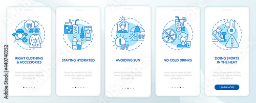 Sunstroke prevention onboarding mobile app page screen. Sun protective clothes walkthrough 5 steps graphic instructions with concepts. UI, UX, GUI vector template with linear color illustrations