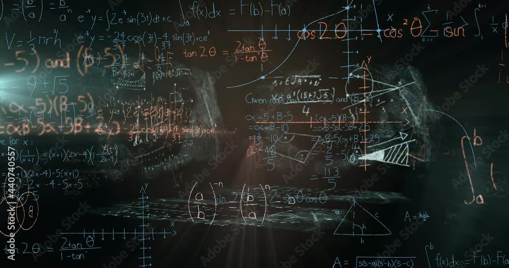 Digital animation of mathematical equations, symbols and diagrams against green background Digital animation of mathematical equations, symbols and diagrams against green background