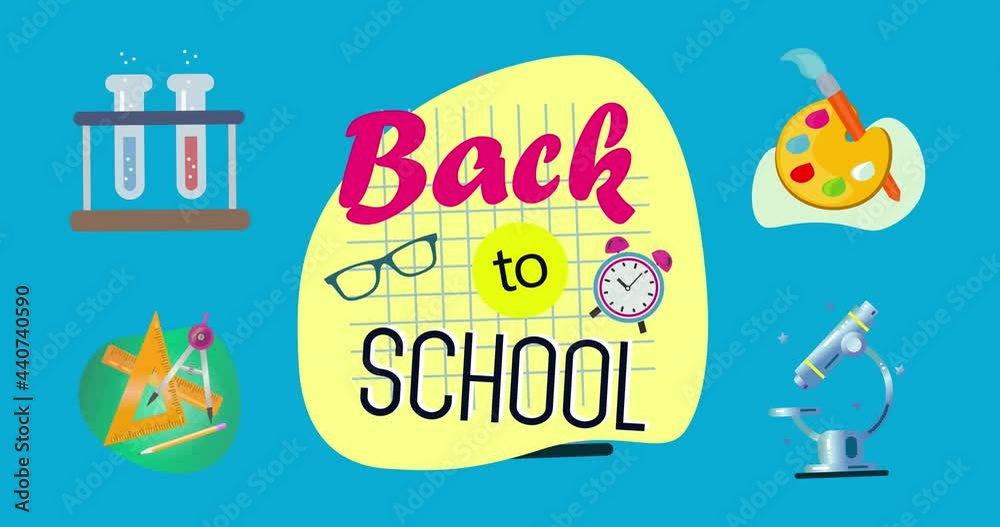 Digital animation of back to school text against school concept icons on blue background Digital animation of back to school text against school concept icons on blue background