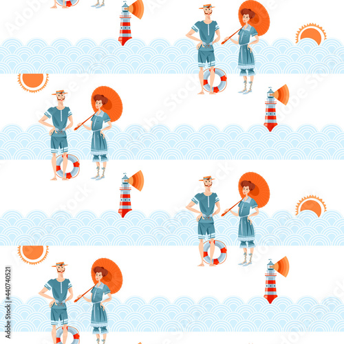 Couple in retro swimsuits. Victorian style. Beach holiday. Travel and tourism. Seamless background pattern.