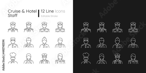 Cruise and hotel staff linear icons set for dark and light mode. Proffesional crew controlling. Customizable thin line symbols. Isolated vector outline illustrations. Editable stroke