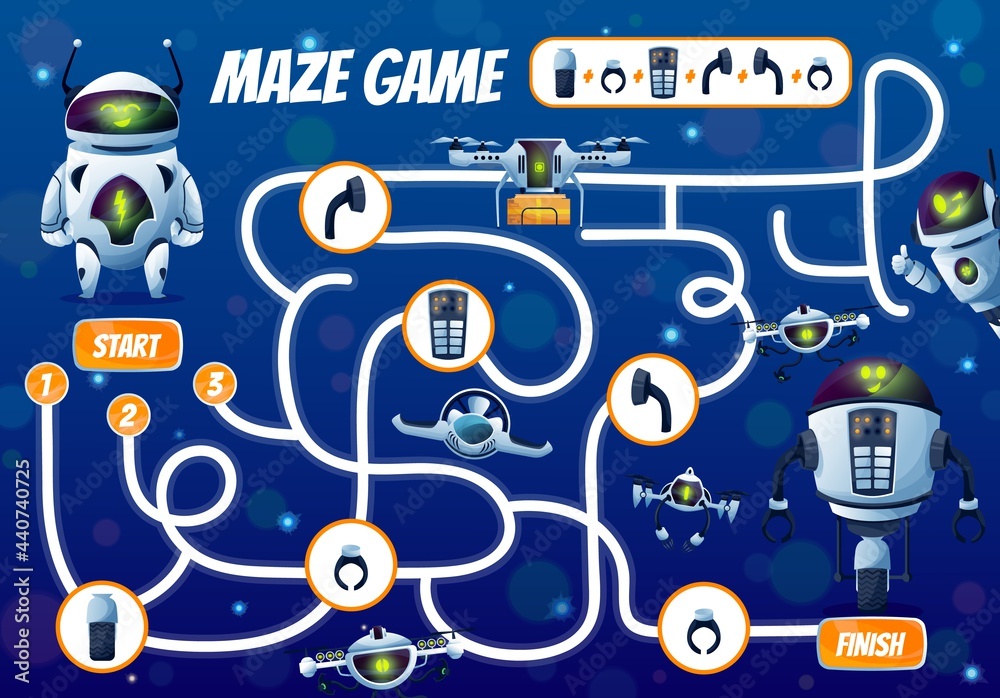 Fix the robot vector kids maze game or start to finish labyrinth. Children education puzzle, riddle or test, help cartoon robot, android bot, droid drone and quadcopter find right way to spare parts