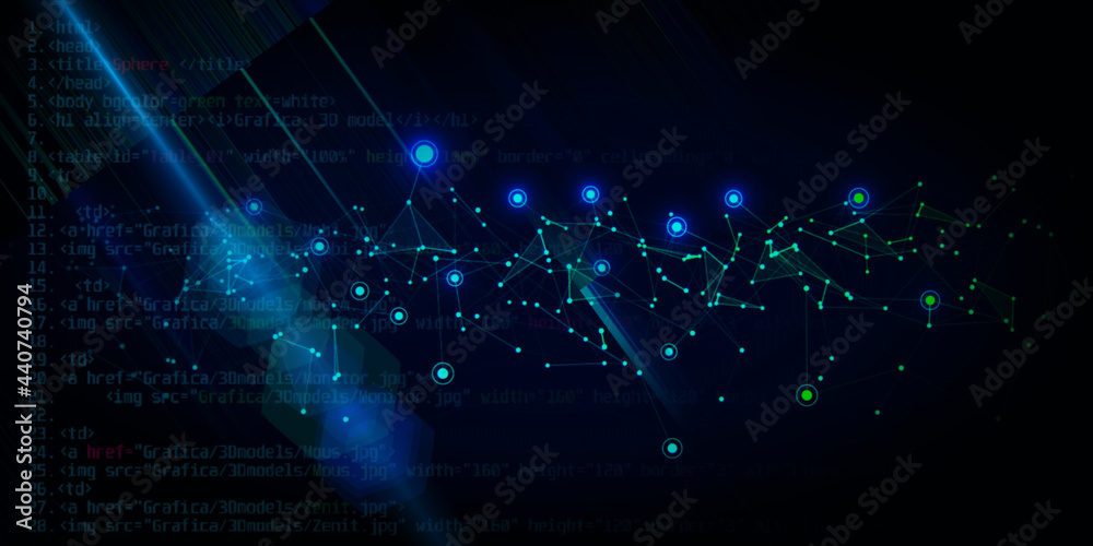 Abstract background with polygonal grid, lines and analysis code ...