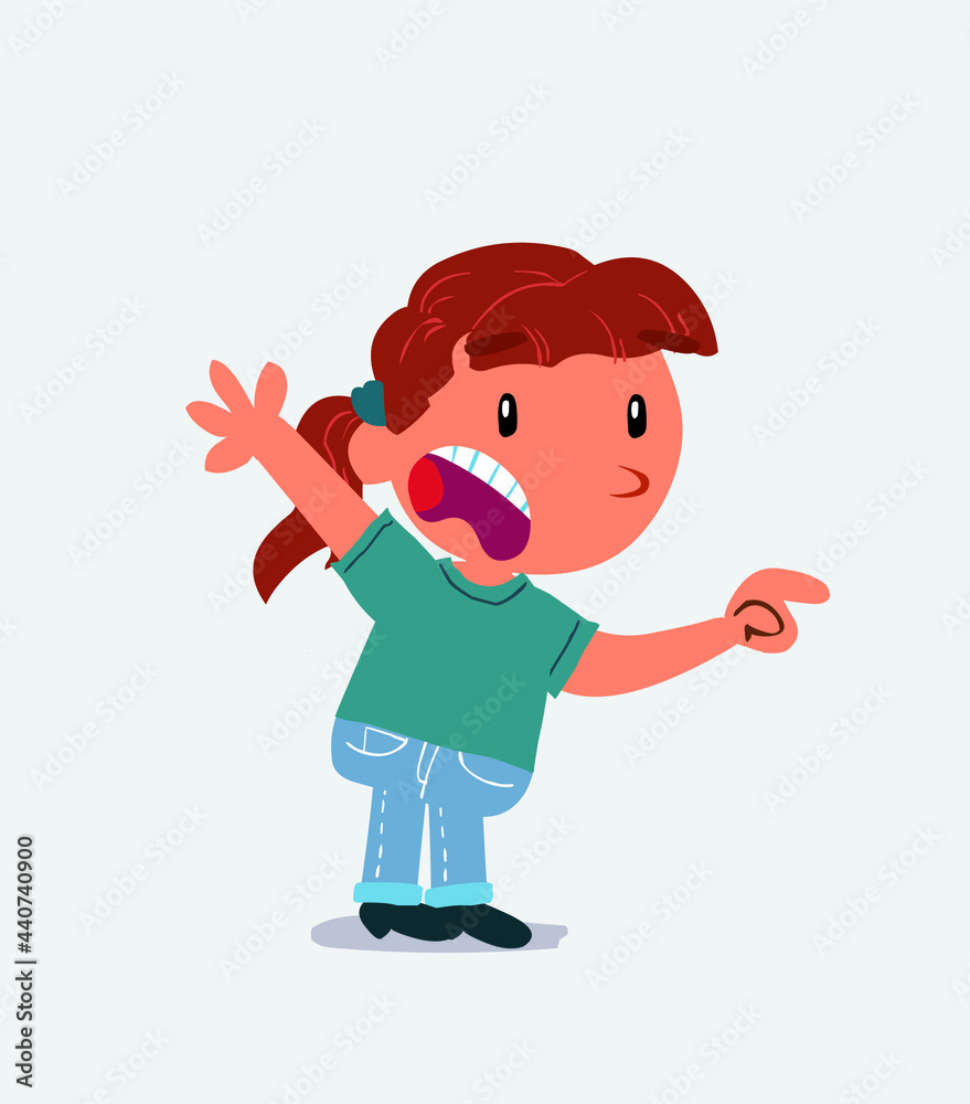 cartoon character of little girl on jeans pointing at something outraged. cartoon character of little girl on jeans pointing at something outraged.
