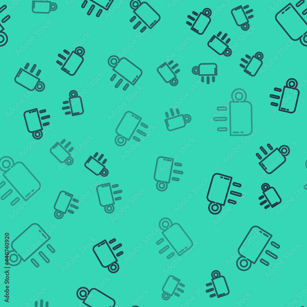 Black line Coffee cup icon isolated seamless pattern on green background. Tea cup. Hot drink coffee. Vector