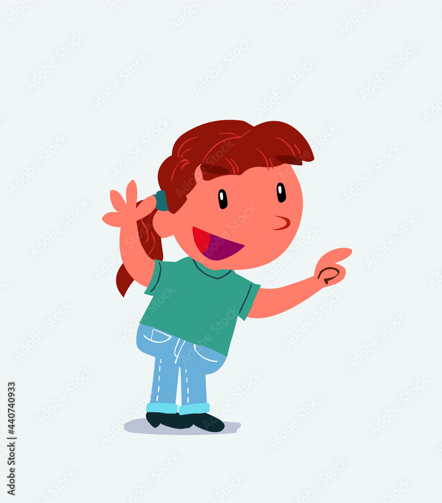 cartoon character of little girl on jeans pointing while arguing.