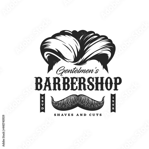 Barbershop icon with haircut, man beard and mustaches shave salon, vector. Barber shop sign with gentleman or hipster beard and mustaches, haircut, shaving and trimming studio icon