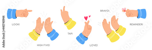 Human hands are gesturing, giving a high-five, pointing, tapping, clapping and reminding. Set of flat vector illustrations of high five, reminder, touch, applause and heart gesture isolated on white